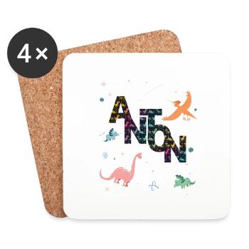 ANTON - Schöner Jungen Name mit Dinosaurier - Untersetzer (4er-Set) - Weiß - Vorne