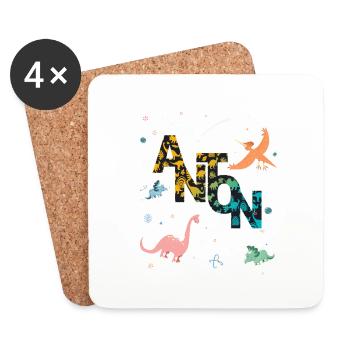 ANTON - Beau prénom de garçon avec dinosaure - Dessous de verre (lot de 4) - blanc - Devant