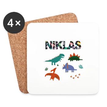 NIKLAS - Schöner Jungen Name mit Dinosaurier - Untersetzer (4er-Set) - Weiß - Vorne