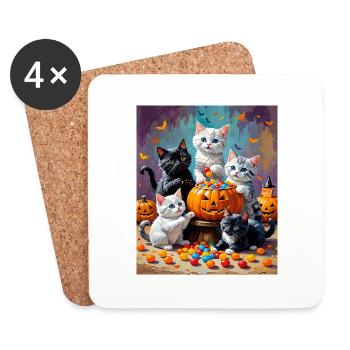 Halloween-Kätzchen und Kürbis-Süßigkeiten-Schale - Untersetzer (4er-Set) - Weiß - Vorne