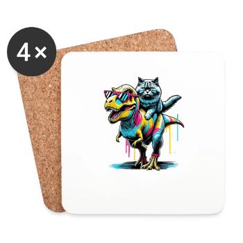 Pop Art Dinosaure T-Rex Chat Sibérien - Dessous de verre (lot de 4) - blanc - Devant