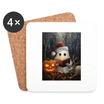 Cadeau d’Halloween fantôme avec décoration de chapeau de Noël - Dessous de verre (lot de 4) - blanc - Devant