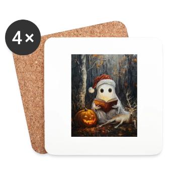 Cadeau d’Halloween fantôme avec décoration de chapeau de Noël - Dessous de verre (lot de 4) - blanc - Devant
