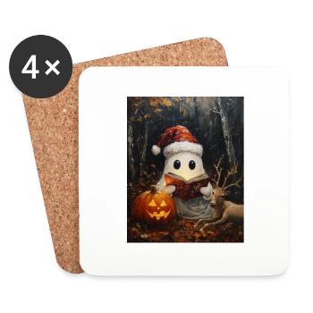 Cadeau d’Halloween fantôme avec décoration de chapeau de Noël - Dessous de verre (lot de 4) - blanc - Devant