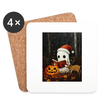 Cadeau d’Halloween fantôme avec décoration de chapeau de Noël - Dessous de verre (lot de 4) - blanc - Devant