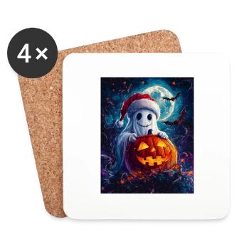 Cadeau d’Halloween fantôme avec décoration de chapeau de Noël - Dessous de verre (lot de 4) - blanc - Devant