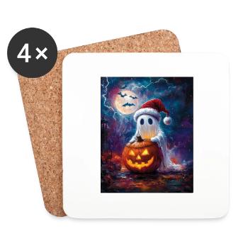 Cadeau d’Halloween fantôme avec décoration de chapeau de Noël - Dessous de verre (lot de 4) - blanc - Devant