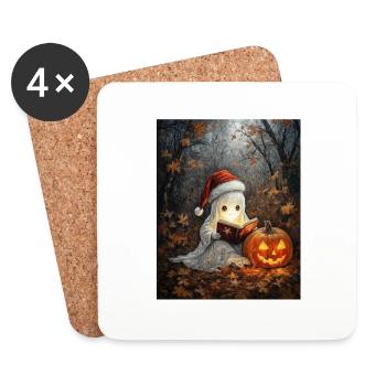 Cadeau d’Halloween fantôme avec décoration de chapeau de Noël - Dessous de verre (lot de 4) - blanc - Devant