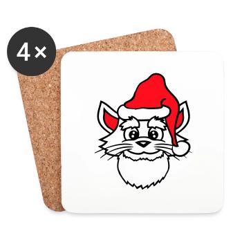 Santa Claus Cat Winter Christmas Hat Head - Coasters (set of 4) - white - Front