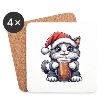 Katze Bier Xmas Weihnachten - Untersetzer (4er-Set) - Weiß - Vorne