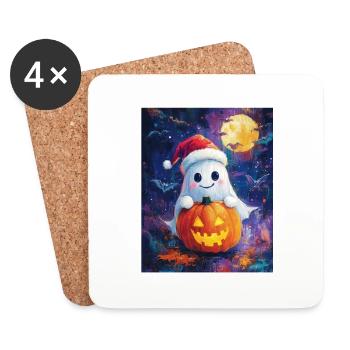Cadeau d’Halloween fantôme avec décoration de chapeau de Noël - Dessous de verre (lot de 4) - blanc - Devant