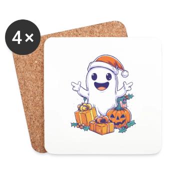 Cadeau d’Halloween fantôme avec décoration de chapeau de Noël - Dessous de verre (lot de 4) - blanc - Devant