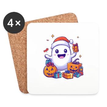 Cadeau d’Halloween fantôme avec décoration de chapeau de Noël - Dessous de verre (lot de 4) - blanc - Devant