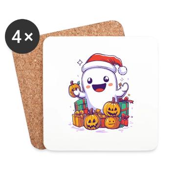 Cadeau d’Halloween fantôme avec décoration de chapeau de Noël - Dessous de verre (lot de 4) - blanc - Devant