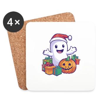 Cadeau d’Halloween fantôme avec décoration de chapeau de Noël - Dessous de verre (lot de 4) - blanc - Devant