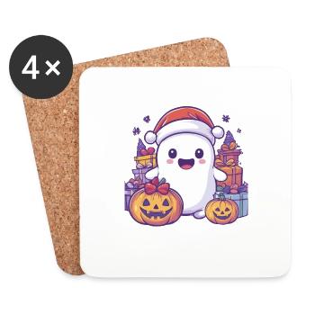 Cadeau d’Halloween fantôme avec décoration de chapeau de Noël - Dessous de verre (lot de 4) - blanc - Devant