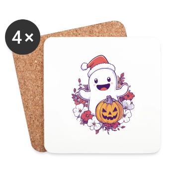 Cadeau d’Halloween fantôme avec décoration de chapeau de Noël - Dessous de verre (lot de 4) - blanc - Devant