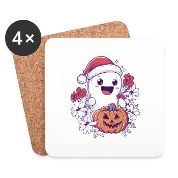 Cadeau d’Halloween fantôme avec décoration de chapeau de Noël - Dessous de verre (lot de 4) - blanc - Devant