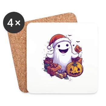 Cadeau d’Halloween fantôme avec décoration de chapeau de Noël - Dessous de verre (lot de 4) - blanc - Devant