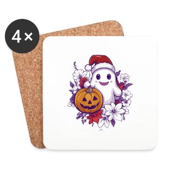 Cadeau d’Halloween fantôme avec décoration de chapeau de Noël - Dessous de verre (lot de 4) - blanc - Devant