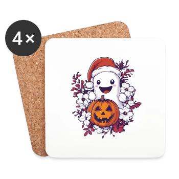 Cadeau d’Halloween fantôme avec décoration de chapeau de Noël - Dessous de verre (lot de 4) - blanc - Devant