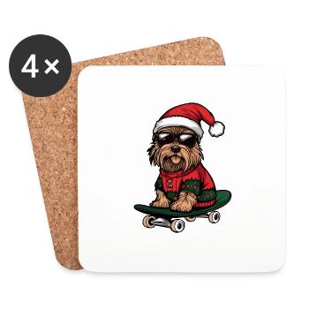 Yorkshire Terrier Chien Noël Skateboard - Dessous de verre (lot de 4) - blanc - Devant