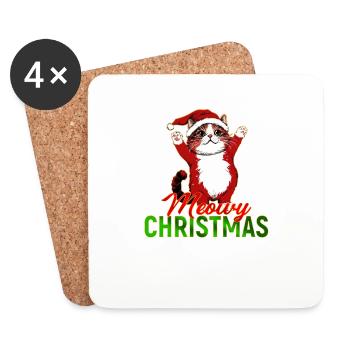 Meowy Christmas – Lustige Katze im Weihnachtsmann - Untersetzer (4er-Set) - Weiß - Vorne