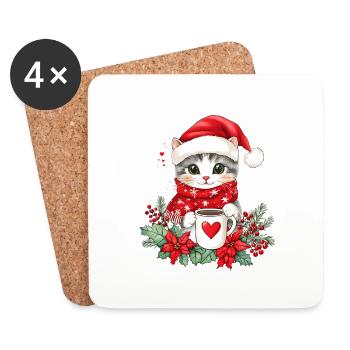 Katze Kaffee Weihnachten Deko Frauen Männer Kinder - Untersetzer (4er-Set) - Weiß - Vorne