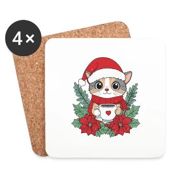 Katze Kaffee Weihnachten Deko Frauen Männer Kinder - Untersetzer (4er-Set) - Weiß - Vorne