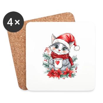 Katze Kaffee Weihnachten Deko Frauen Männer Kinder - Untersetzer (4er-Set) - Weiß - Vorne