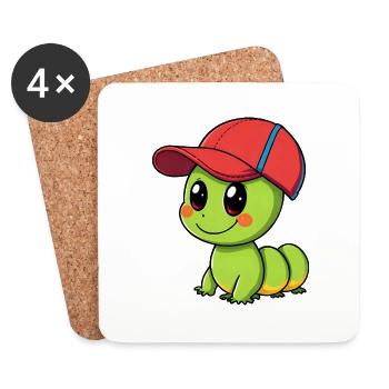Caterpil heureux en casquette de baseball - Illustration mignonne - Dessous de verre (lot de 4) - blanc - Devant