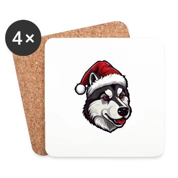 Portrait de Noël tête de chien husky - Dessous de verre (lot de 4) - blanc - Devant