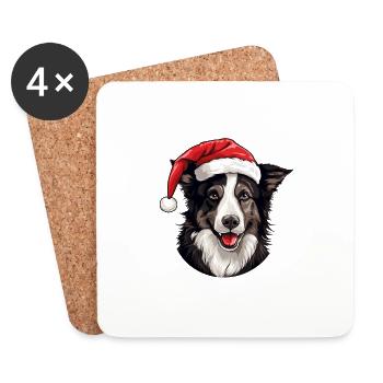 Border Collie tête de chien Portrait de Noël - Dessous de verre (lot de 4) - blanc - Devant