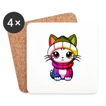 Cat Winter Animal Colorful Comic - Coasters (set of 4) - white - Front