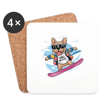 Französische Bulldogge Snowboard Skifahren - Untersetzer (4er-Set) - Weiß - Vorne