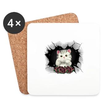 Chat Chats Chaton Roses Salutations Anniversaire - Dessous de verre (lot de 4) - blanc - Devant