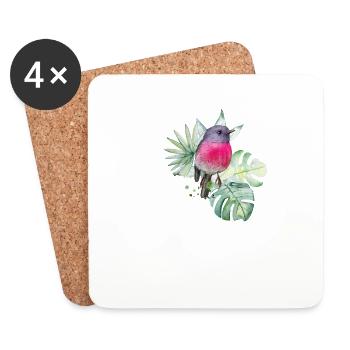 Aquarellrosa Rotkehlchen mit tropischen Blättern - Untersetzer (4er-Set) - Weiß - Vorne