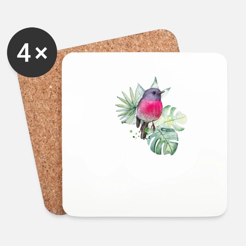 Aquarellrosa Rotkehlchen mit tropischen Blättern - Untersetzer (4er-Set) - Weiß