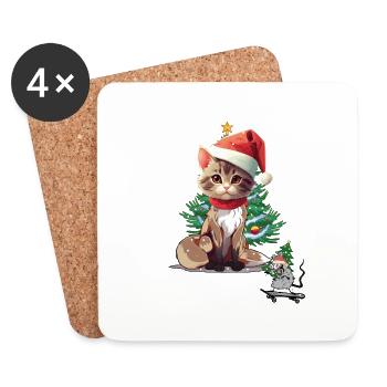 Drôle Souris Chat Animaux Noël Noël Père Noël - Dessous de verre (lot de 4) - blanc - Devant