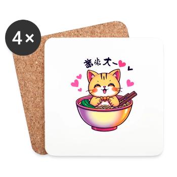 Cat in Ramen Bowl - Kawaii Cat - Coasters (set of 4) - white - Front