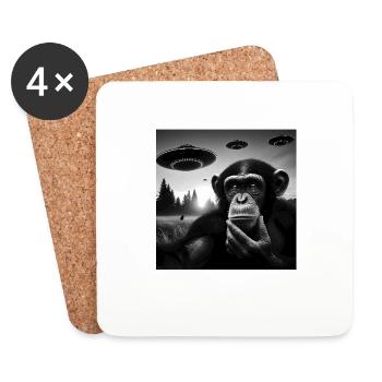 Chimp Monkey Ape Funny Selfie with UFOs Weird Alie - Coasters (set of 4) - white - Front