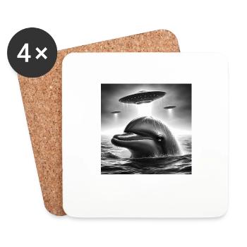 Dolphin Sea Funny Graphic Selfie with UFOs Weird A - Coasters (set of 4) - white - Front