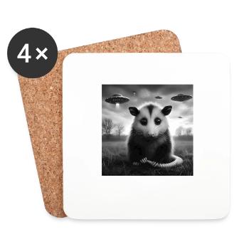 Opossum Funny Graphic Selfie with UFOs Weird Alien - Coasters (set of 4) - white - Front