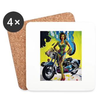 Retro Pin-Up Girl with Motorcycle Design - Coasters (set of 4) - white - Front