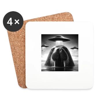 Walrus Sea lion Funny Graphic Selfie with UFOs Wei - Coasters (set of 4) - white - Front