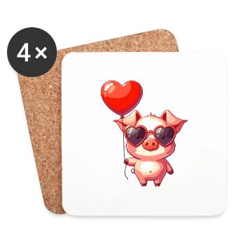 Valentine's Day Engagement Wedding Pig Happiness Heart - Coasters (set of 4) - white - Front