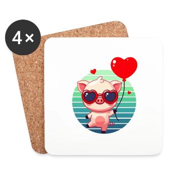 Saint-Valentin cochon d’amour coeur ballon drôle - Dessous de verre (lot de 4) - blanc - Devant