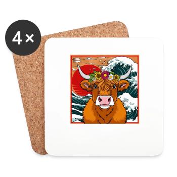 Vache Highland avec couronne florale - Dessous de verre (lot de 4) - blanc - Devant