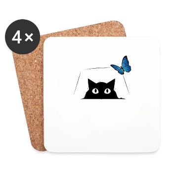 Chat mignon et papillon bleu Chat mignon - Dessous de verre (lot de 4) - blanc - Devant