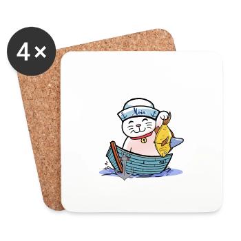 maritim Katze witzig Fischer Fisch Kinder Seemann - Untersetzer (4er-Set) - Weiß - Vorne